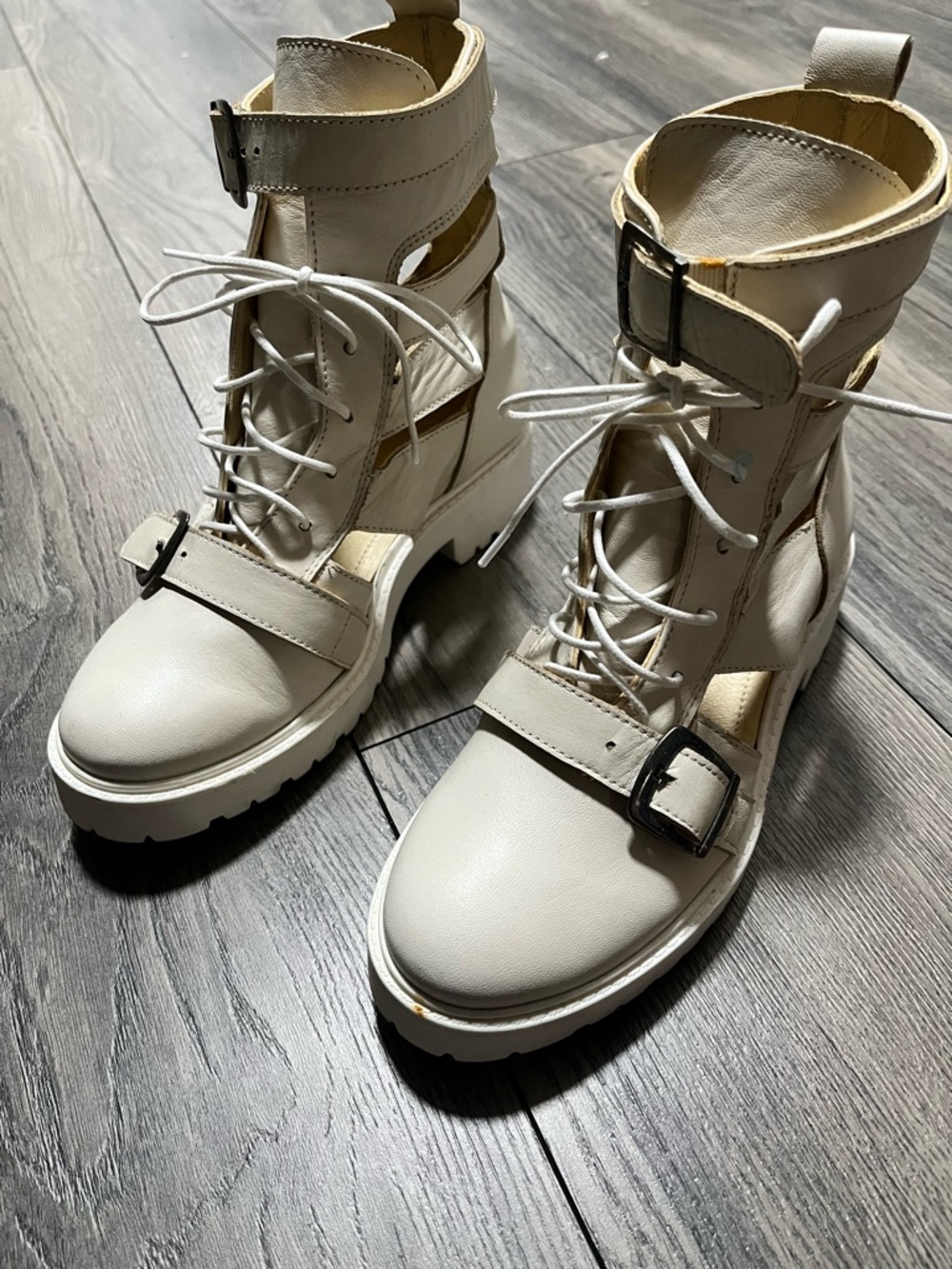 Women's Cream Lace-Up Buckle Combat Boots